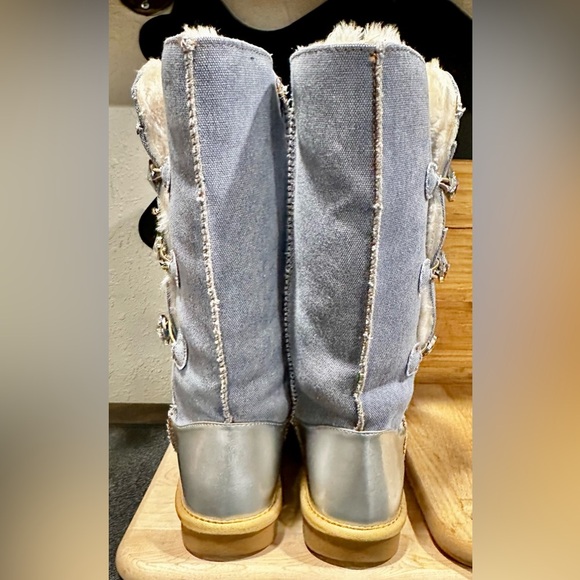 Fur-Lined Denim Booties W/ Lug Sole Round Toe, Metallic Snow Boots Low Heel - Picture 7 of 10
